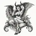 BDSM Sexy devil girl with devil wings and little clothing - pin up style - black and white - pinup style tattoo design idea