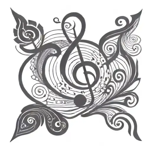 swirling design with geometric shape in middle and music notes flowing   tattoo design idea