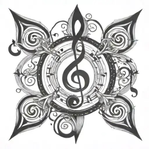 swirling design with geometric shape in middle and music notes flowing   tattoo design idea