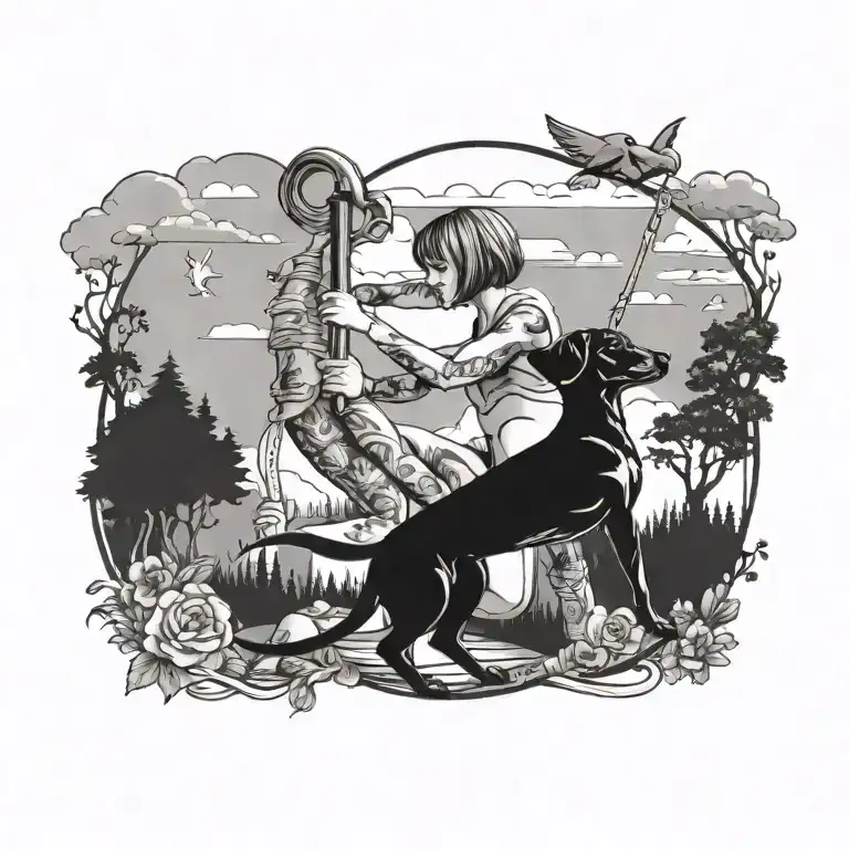 short hair pole dancer with sausage dog and nature adventure background   tattoo design idea