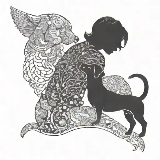 silhouette outline of short haired women and a sausage dog tattoo design idea