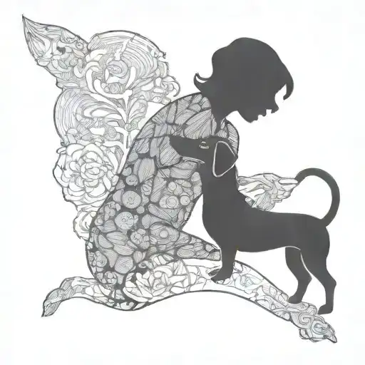 silhouette outline of short haired women and a sausage dog tattoo design idea