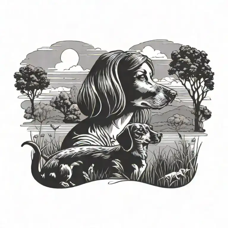 short hair lady with sausage dog silhouette and nature background  tattoo design idea