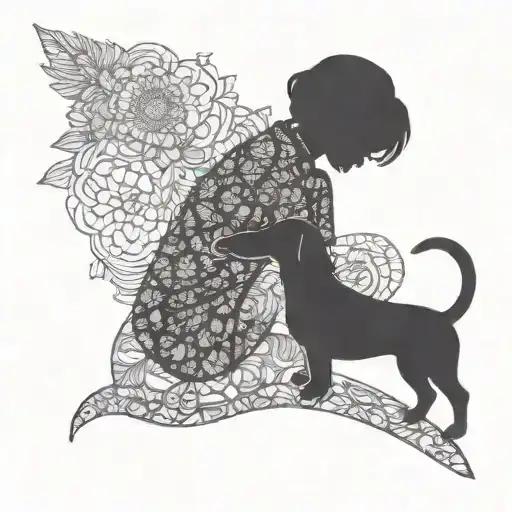 silhouette outline of short haired women and a sausage dog tattoo design idea