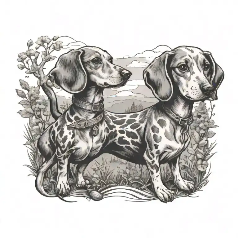 short hair lady with sausage dog in nature  tattoo design idea