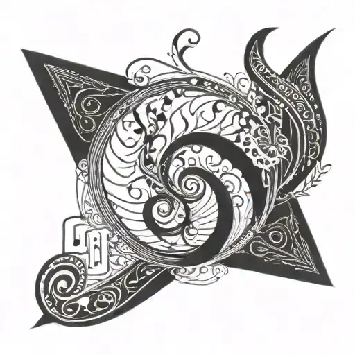 swirling design with geometric shape in middle and music notes flowing   tattoo design idea