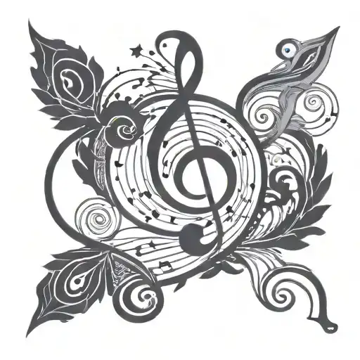 swirling design with geometric shape in middle and music notes flowing   tattoo design idea