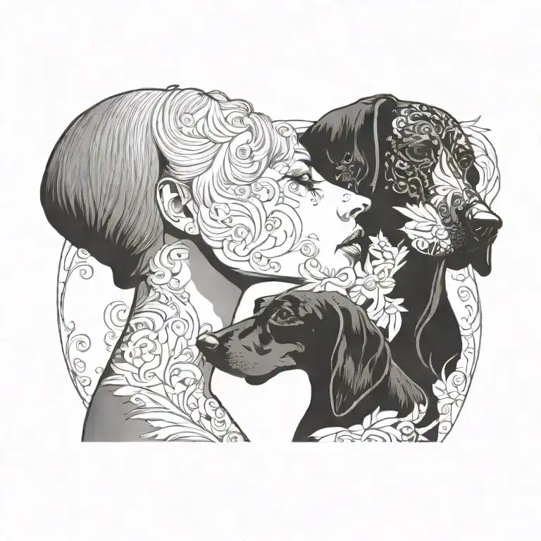 short haired female silhouette with brown and black sausage dog  tattoo design idea