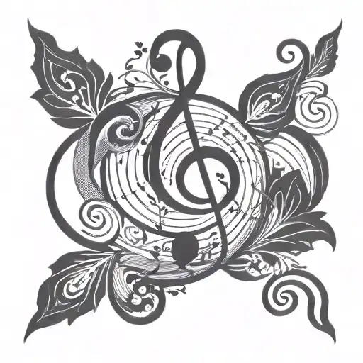 swirling design with geometric shape in middle and music notes flowing   tattoo design idea