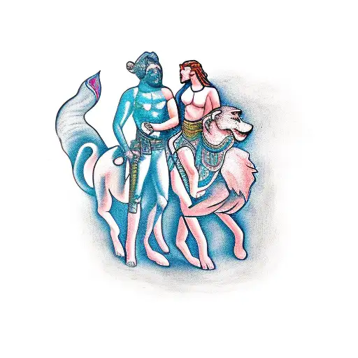 sagitarian half man and horse, overlooking an aquarias women, with Gemini, lion cubs, butterflies, guitar, shamrock tattoo design idea