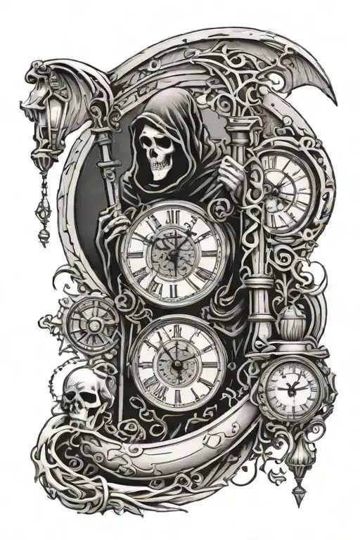  A WHOLE ARM SLEEVE WITH A GRIM REAPER HOLDING A CLOCK, A STAIRWAY TO HEAVENS GATE, AN HOUR GLASS WITH A FATHER AND SON  tattoo design idea