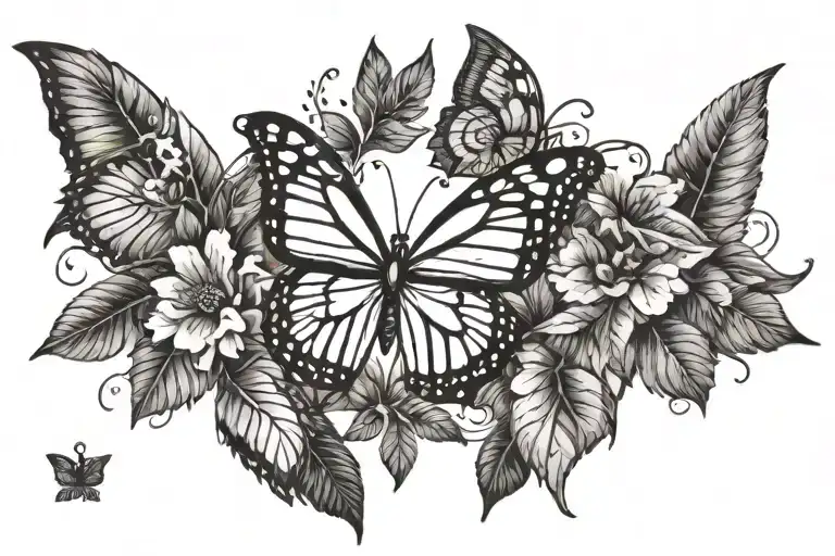 A monarch butterfly with jungle themed foliage as a chest tattoo. The butterflys wings turn into eagle wings tattoo design idea