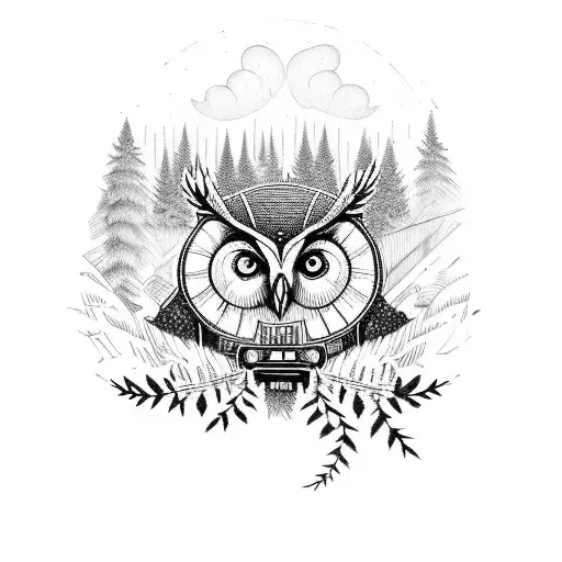 A locomotive train passing through a dense forest with an owl flying alongside tattoo design idea