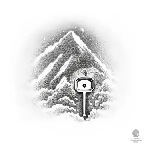 man carrying giant key on his back walking up a mountain with a key hole on the horizon - cloud all around the mountain  tattoo design idea