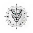 arm sleeve with compass, world map, lions head, kangaroo, pryamid with eye tattoo design idea