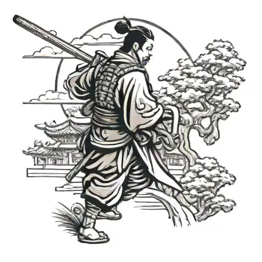 samurai japanese landsacpe hardwork tattoo design idea