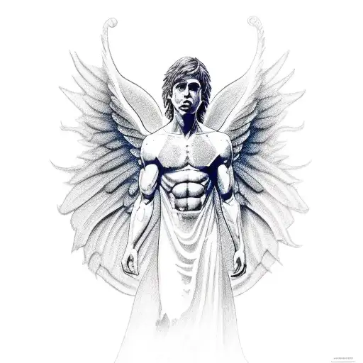 realistic, alone, male angel inside a demon figure, whole body, lonely pathway background  tattoo design idea