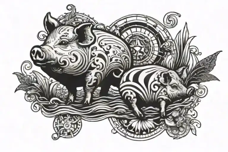 nautical sailor theme pig and hen  tattoo design idea