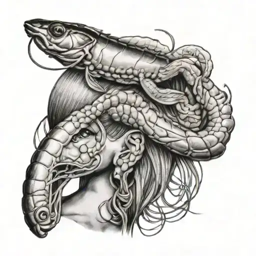 bami with shrimp in front of children floating head tattoo design idea