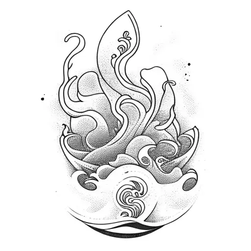 surfboard with wave inside coming out of it and hibiscus flowers on the outside tattoo design idea