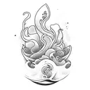 surfboard with wave inside coming out of it and hibiscus flowers on the outside tattoo design idea