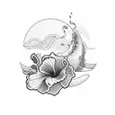 surfboard with wave inside coming out of it and hibiscus flowers on the outside tattoo design idea