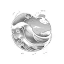 surfboard with wave inside coming out of it and hibiscus flowers on the outside tattoo design idea