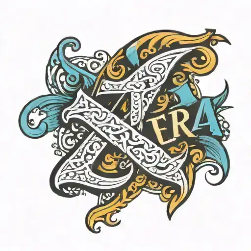 THE NAME EZRA WRITTEN IN A DESIGN WITH AUTISM COLORS tattoo design idea