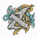THE NAME EZRA WRITTEN IN A DESIGN WITH AUTISM COLORS tattoo design idea