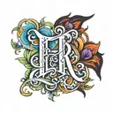 THE NAME EZRA WRITTEN IN A DESIGN WITH AUTISM COLORS tattoo design idea