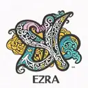 THE NAME EZRA WRITTEN IN A DESIGN WITH AUTISM COLORS tattoo design idea