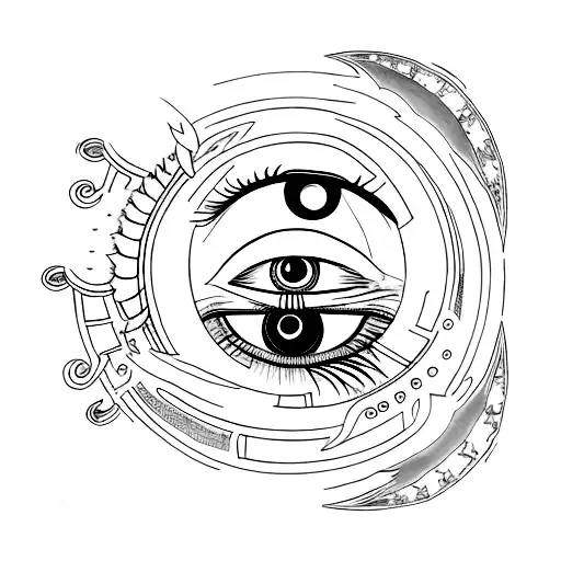 Eye with moon greeek language and statue tattoo design idea