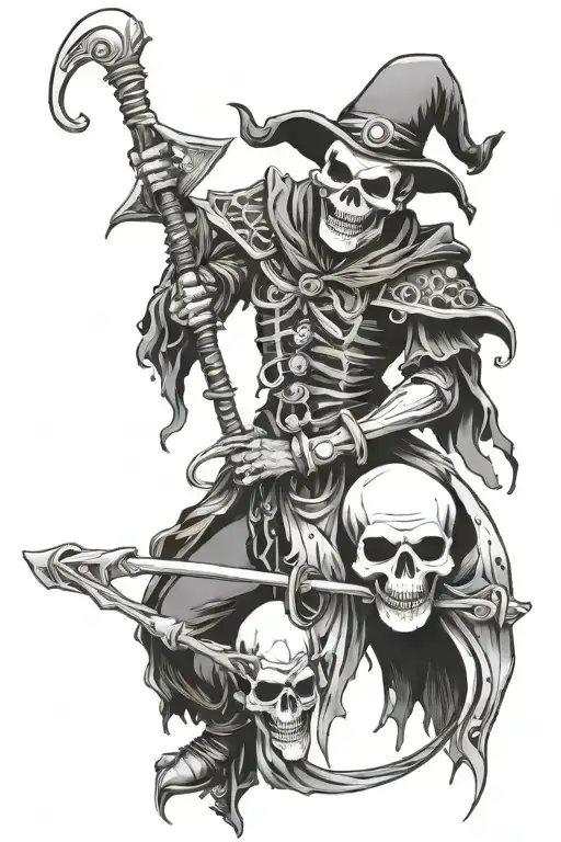 reaper with a scythe in the form of a clown, with skulls tattoo design idea