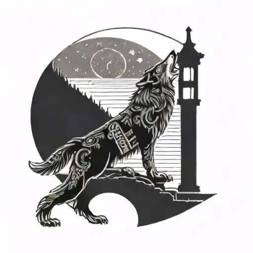 A detailed blackwork tattoo of a wolf howling at the moon with a guitar in its mouth, set against a backdrop of famous music monuments like the Abbey Road crossing or the Hollywood Bowl tattoo design idea