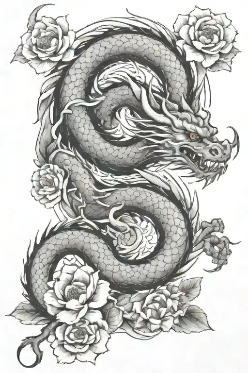 Design a tattoo featuring a dragon, flowers, and Japanese characters for the phrase “Nanakorobi yaoki”.  tattoo design idea