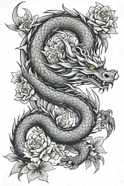 Design a tattoo featuring a dragon, flowers, and Japanese characters for the phrase “Nanakorobi yaoki”.  tattoo design idea