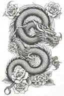 Design a tattoo featuring a dragon, flowers, and Japanese characters for the phrase “Nanakorobi yaoki”.  tattoo design idea