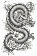 Design a tattoo featuring a dragon, flowers, and Japanese characters for the phrase “Nanakorobi yaoki”.  tattoo design idea