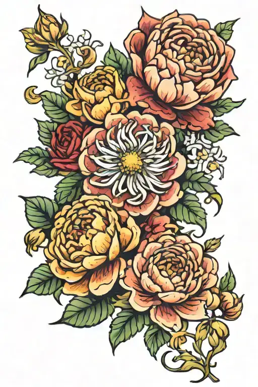 Chrysanthemums, aster and roses blooming tattoo design idea