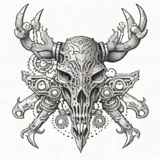 An intricate dotwork design of a deer skull intertwined with motorcycle gears and hockey pucks tattoo design idea