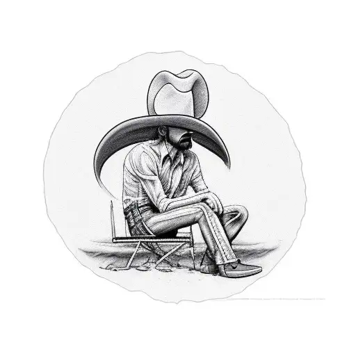 Skinny man with shoulder length thick black hair under a straight brim cowboy hat is sitting infront of a fire  tattoo design idea