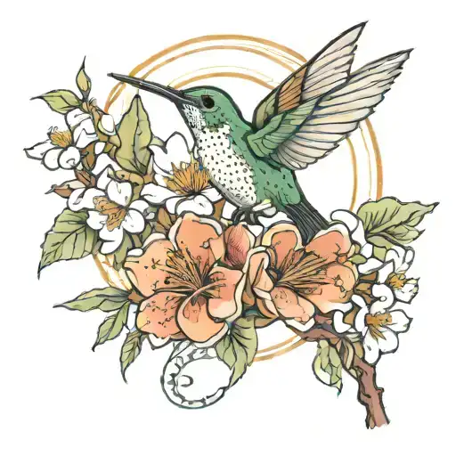 Bradford pear tree flower and hummingbird perched tattoo design idea