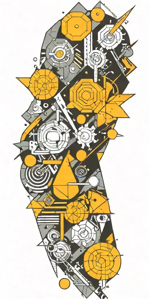 Abstract shapes, geometry, and technology themed sleeve tattoo design idea