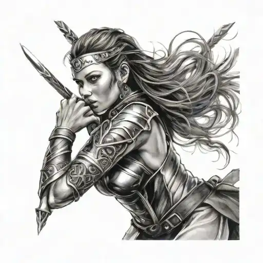 female warrior upper arm black white drawing tattoo design idea