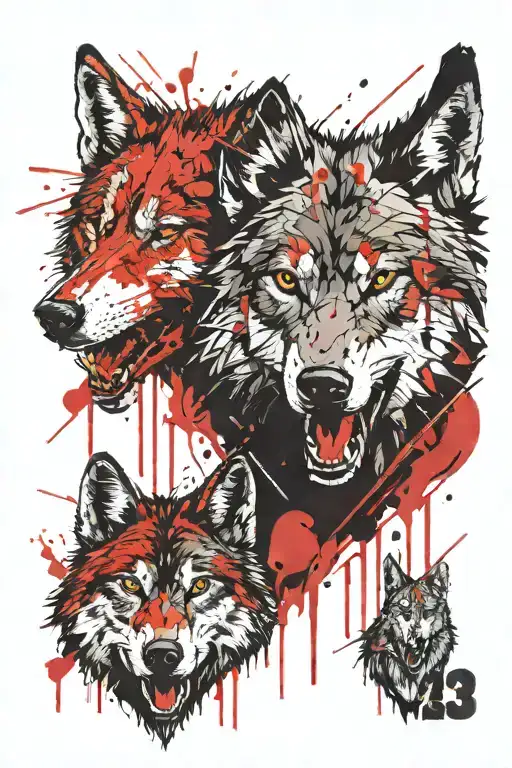 three wolves heads bloody mouth open tattoo design idea