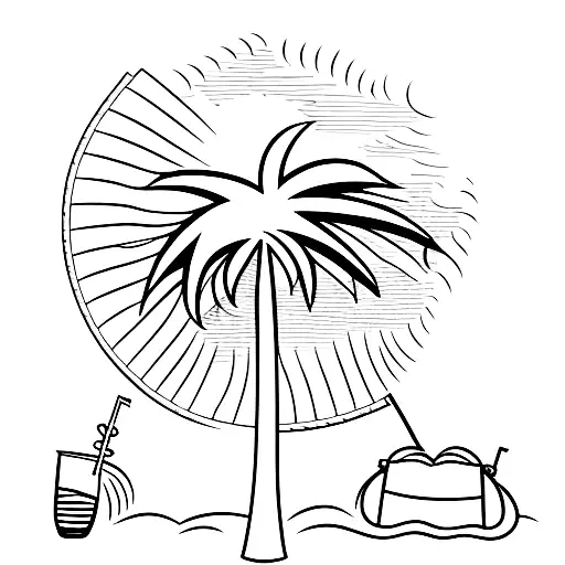 palm tree blowing in wind with beach chair underneath and a margarita glass on armrest tattoo design idea