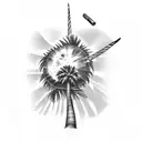 palm tree blowing in wind with beach chair underneath and a margarita glass on armrest tattoo design idea