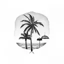 palm tree blowing in wind with beach chair underneath and a margarita glass on armrest tattoo design idea