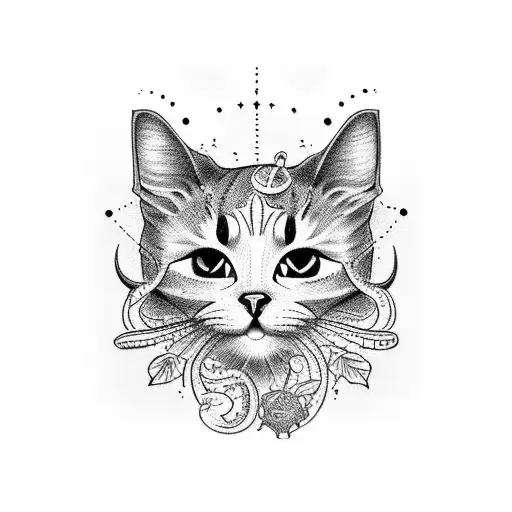 A dotwork tattoo of a cat drawing a portrait of a dino tattoo design idea