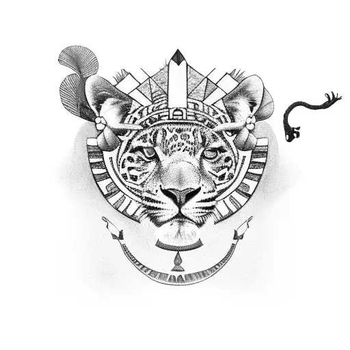 A tribal lady with jaguar headpiece leaning on a tree looking over pyramids and other people from the tribe tattoo design idea